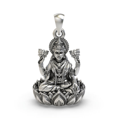 925 Silver Lakshmi Pendant | Mahalakshmi Lotus, Mudra & Flowers – Shukan Jewellers