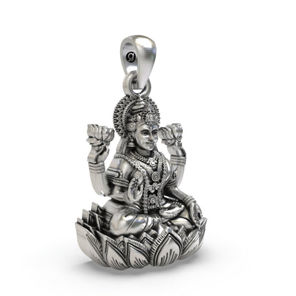 925 Silver Lakshmi Pendant | Mahalakshmi Lotus, Mudra & Flowers – Shukan Jewellers