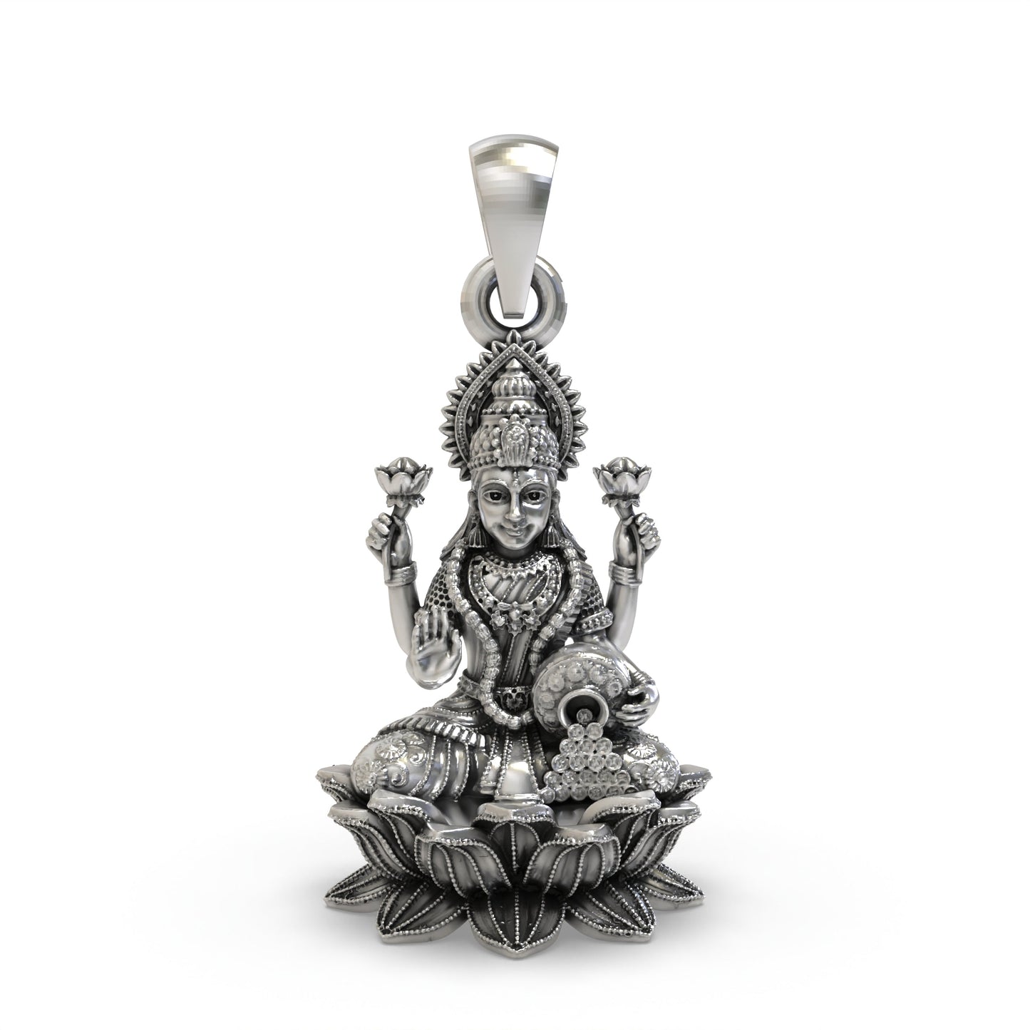 925 Silver Lakshmi Pendant | Lotus, Blessing Mudra & Coin Pot – Shukan Jewellers