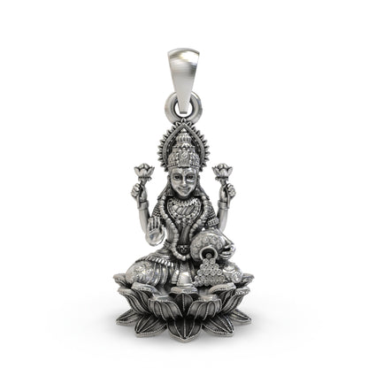 925 Silver Lakshmi Pendant | Lotus, Blessing Mudra & Coin Pot – Shukan Jewellers