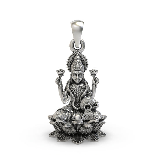 925 Silver Lakshmi Pendant | Lotus, Blessing Mudra & Coin Pot – Shukan Jewellers