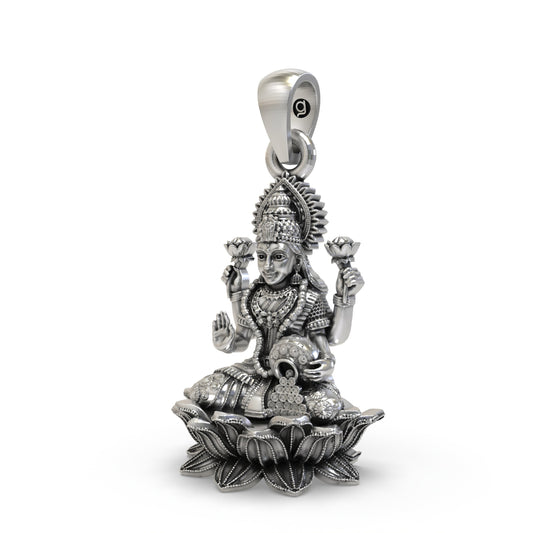 925 Silver Lakshmi Pendant | Lotus, Blessing Mudra & Coin Pot – Shukan Jewellers