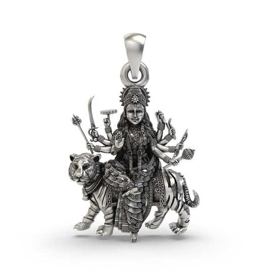 925 Silver Durga Maa Pendant | Tiger Vahana & Trishul – Shukan Jewellers