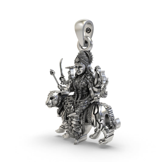 925 Silver Durga Maa Pendant | Tiger Vahana & Trishul – Shukan Jewellers