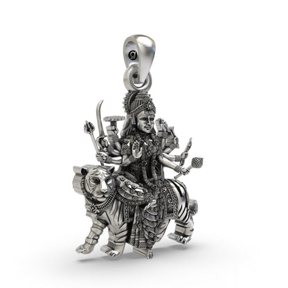 925 Silver Durga Maa Pendant | Tiger Vahana & Trishul – Shukan Jewellers