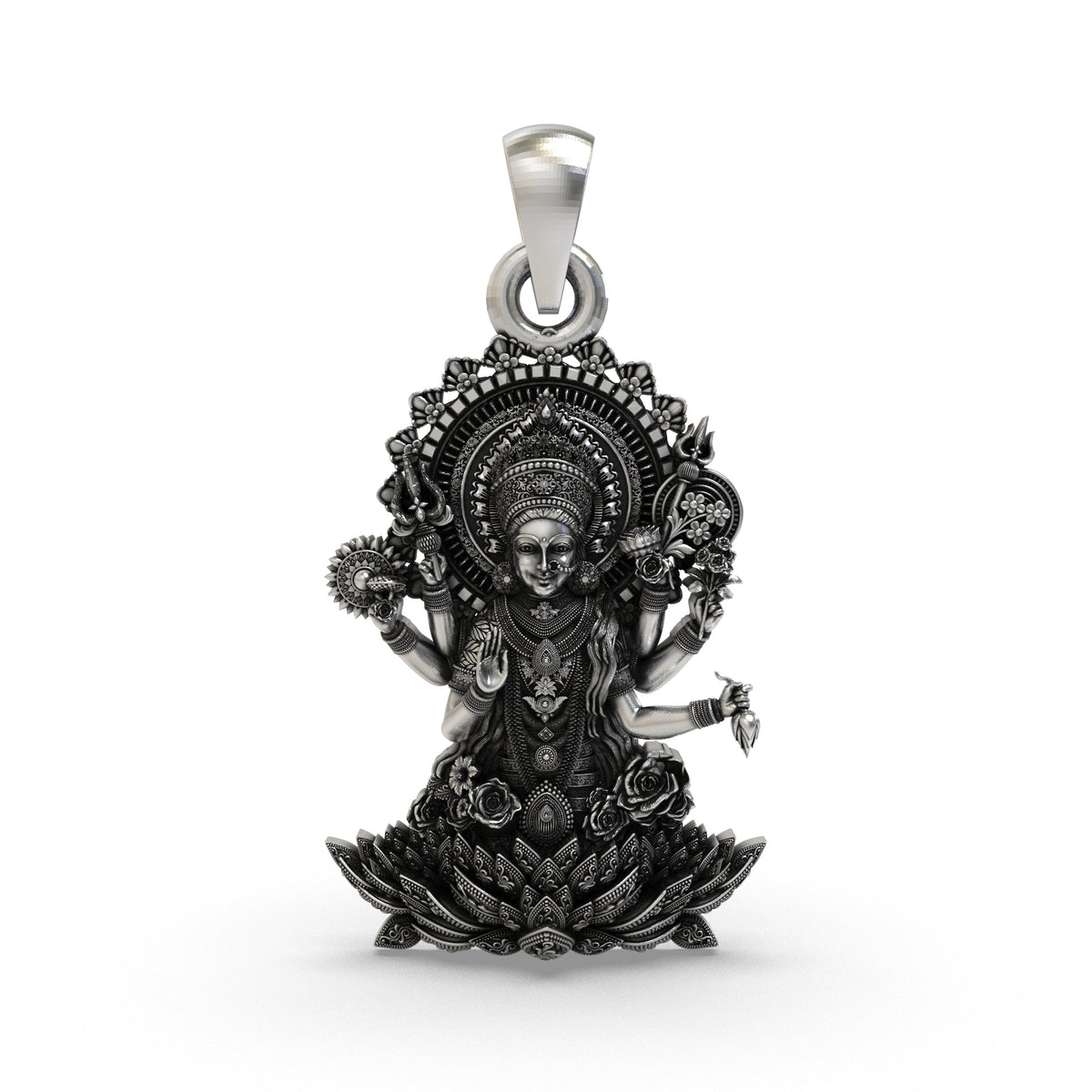 925 Silver Lakshmi Maa Pendant | Multi-Armed Goddess on Lotus – Shukan Jewellers