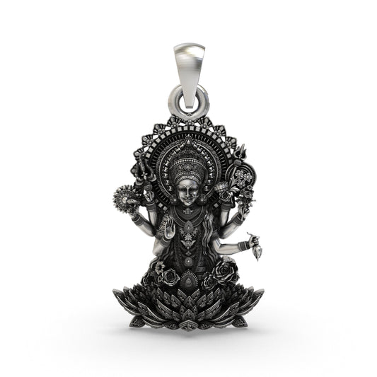 925 Silver Lakshmi Maa Pendant | Multi-Armed Goddess on Lotus – Shukan Jewellers
