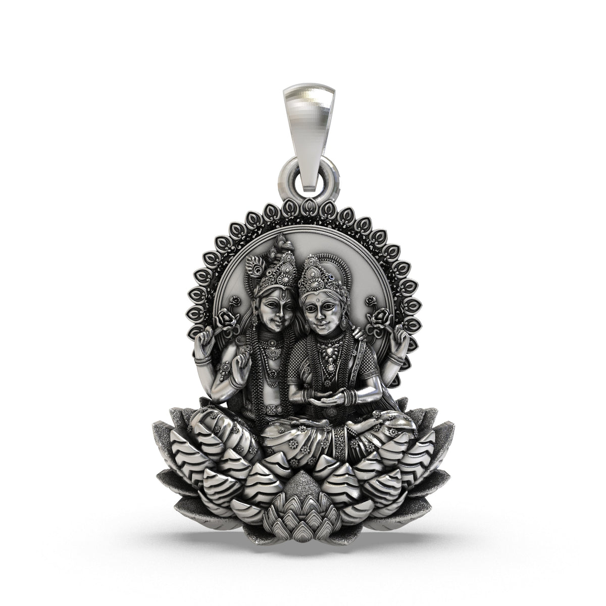 925 Silver Lakshmi Narayan Pendant | Vishnu & Lakshmi on Lotus – Shukan Jewellers