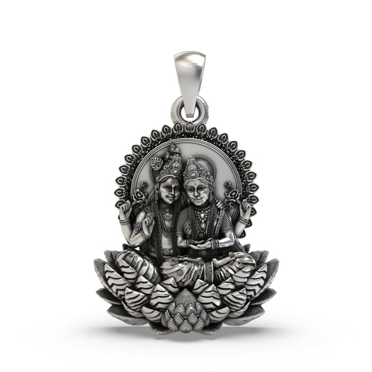 925 Silver Lakshmi Narayan Pendant | Vishnu & Lakshmi on Lotus – Shukan Jewellers
