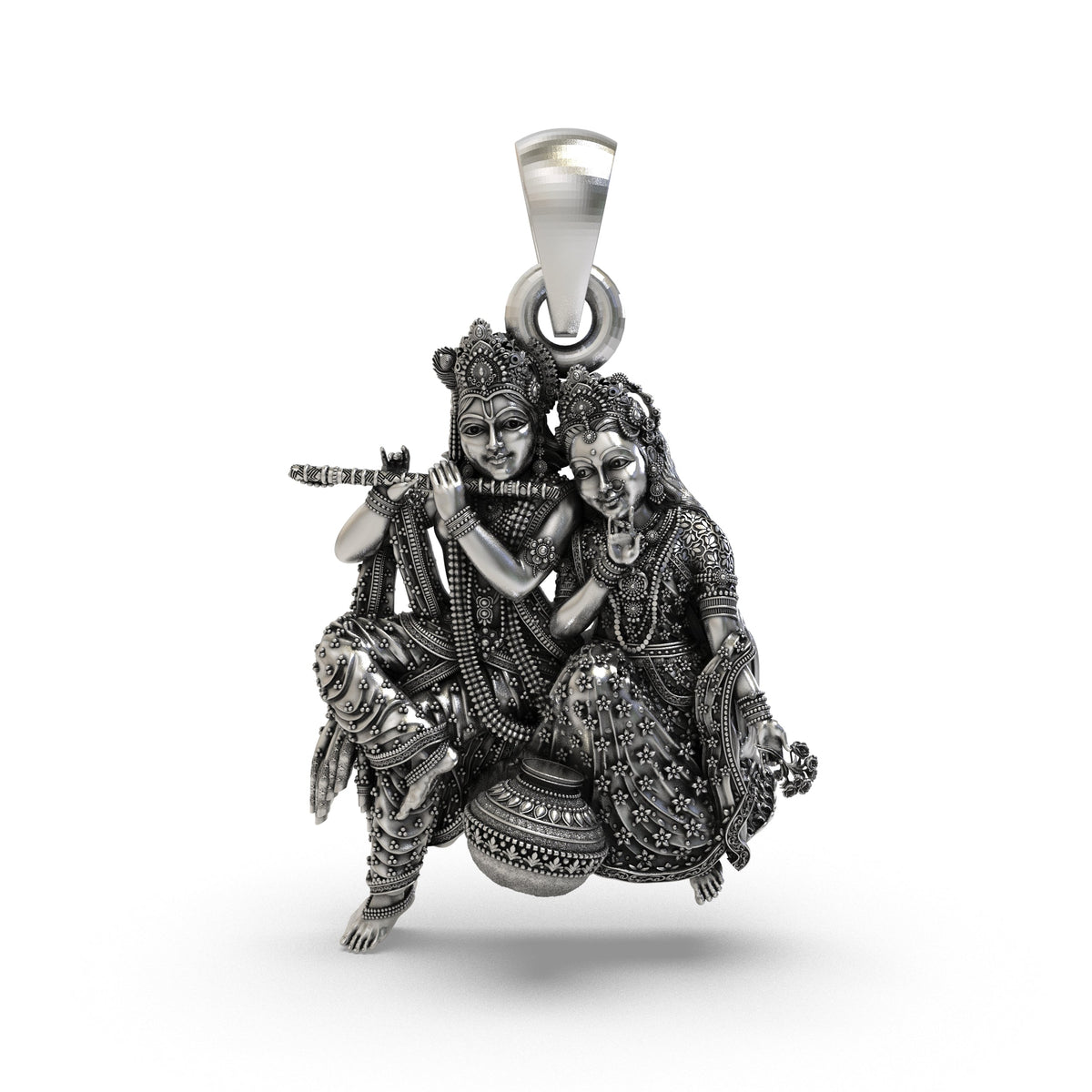 925 Silver Radha Krishna Matki Sitting Pendant | Flute-Playing Vrindavan Couple – Shukan Jewellers