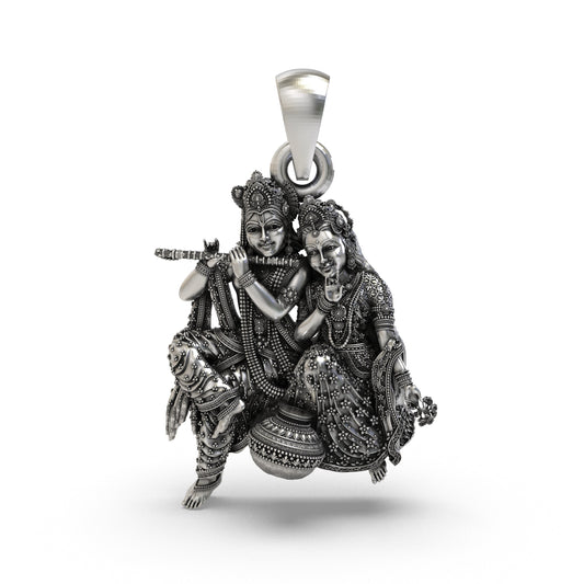 925 Silver Radha Krishna Matki Sitting Pendant | Flute-Playing Vrindavan Couple – Shukan Jewellers