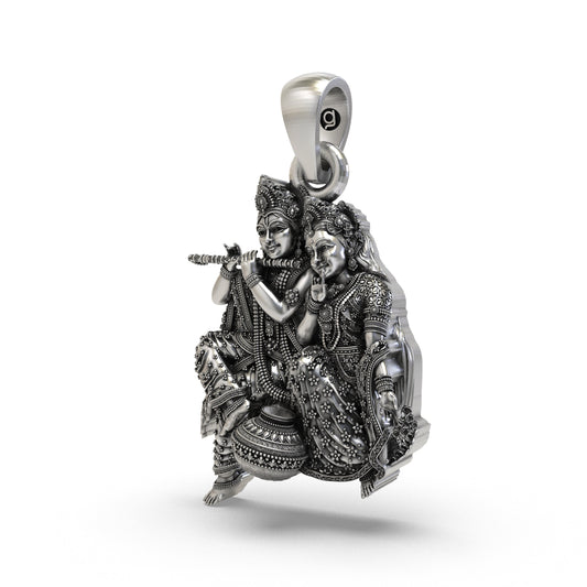 925 Silver Radha Krishna Matki Sitting Pendant | Flute-Playing Vrindavan Couple – Shukan Jewellers
