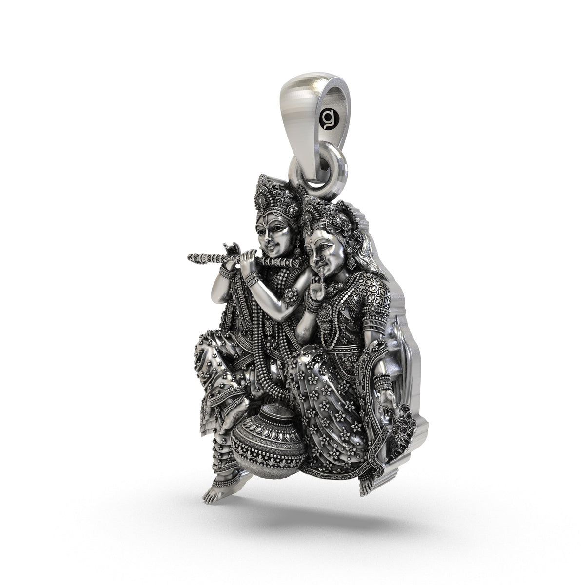 925 Silver Radha Krishna Matki Sitting Pendant | Flute-Playing Vrindavan Couple – Shukan Jewellers