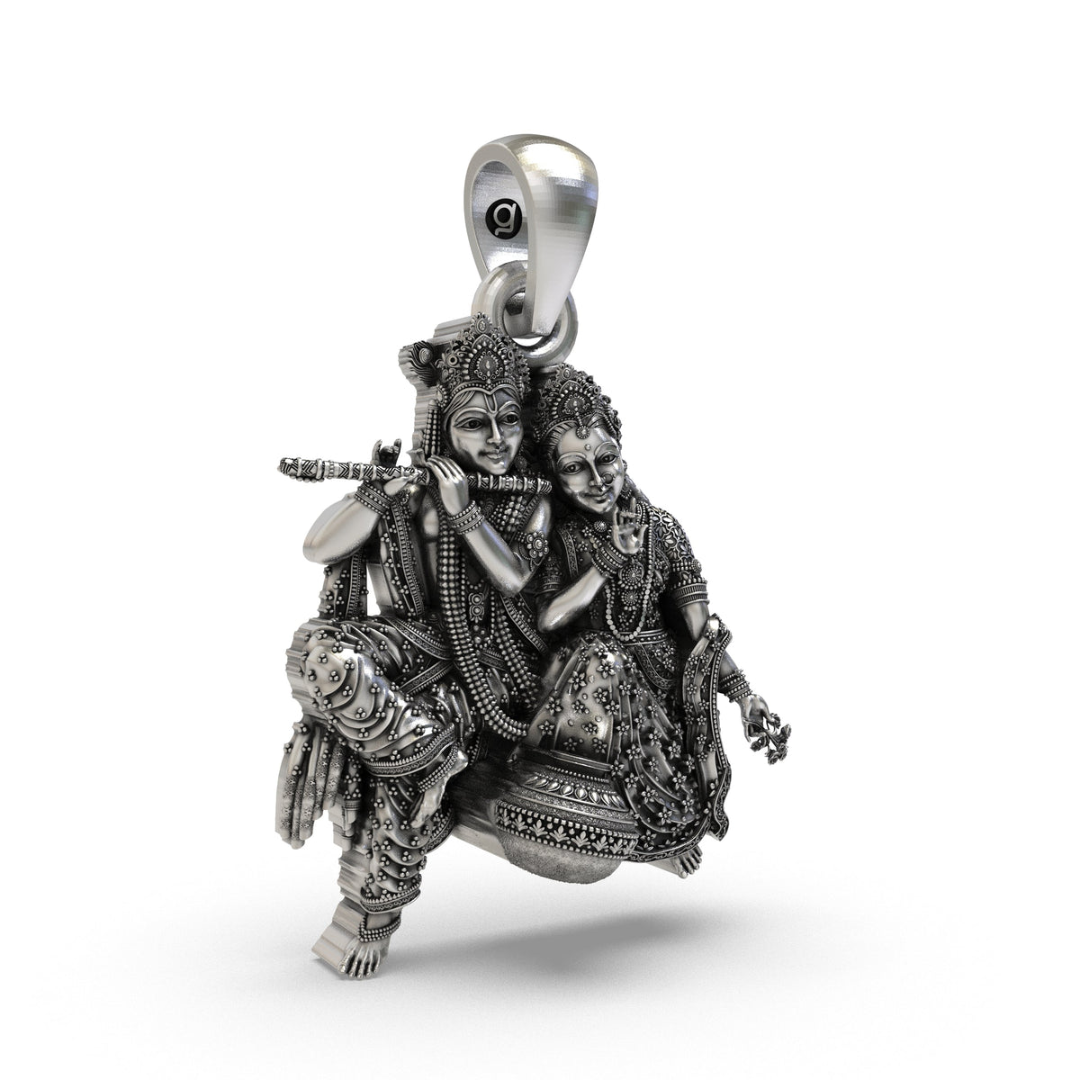 925 Silver Radha Krishna Matki Sitting Pendant | Flute-Playing Vrindavan Couple – Shukan Jewellers
