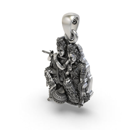 925 Silver Radha Krishna Matki Sitting Pendant | Flute-Playing Vrindavan Couple – Shukan Jewellers