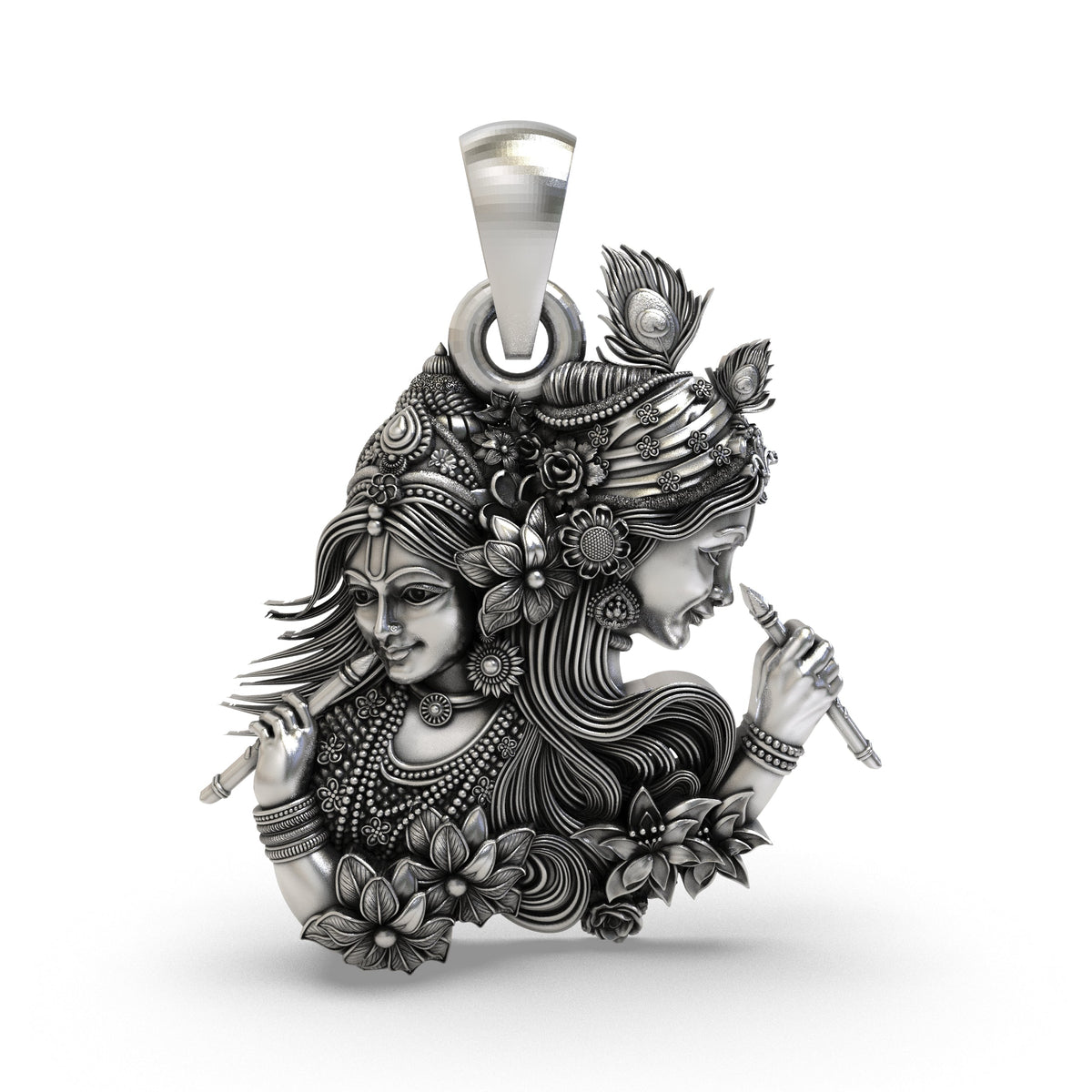 925 Silver Radha Krishna Dual-Profile Flute Pendant | Vrindavan Floral & Peacock Feather – Shukan Jewellers