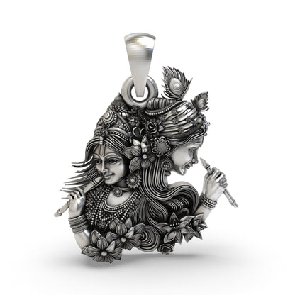 925 Silver Radha Krishna Dual-Profile Flute Pendant | Vrindavan Floral & Peacock Feather – Shukan Jewellers