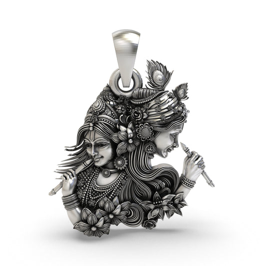 925 Silver Radha Krishna Dual-Profile Flute Pendant | Vrindavan Floral & Peacock Feather – Shukan Jewellers