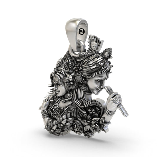 925 Silver Radha Krishna Dual-Profile Flute Pendant | Vrindavan Floral & Peacock Feather – Shukan Jewellers
