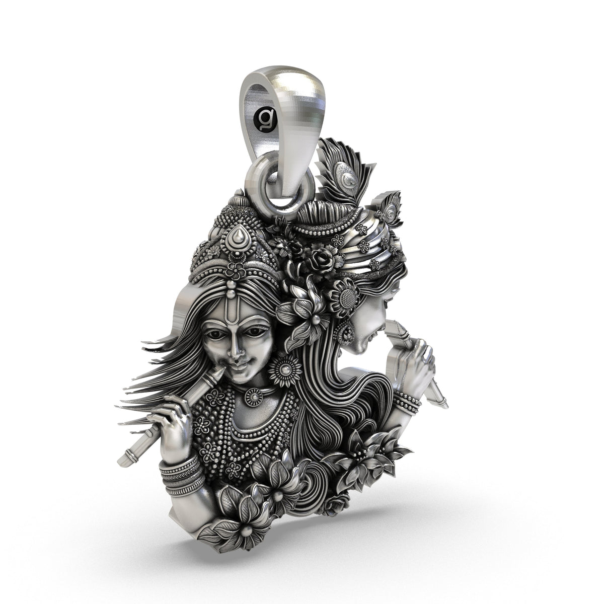925 Silver Radha Krishna Dual-Profile Flute Pendant | Vrindavan Floral & Peacock Feather – Shukan Jewellers