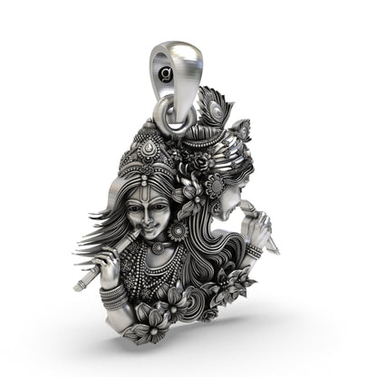 925 Silver Radha Krishna Dual-Profile Flute Pendant | Vrindavan Floral & Peacock Feather – Shukan Jewellers
