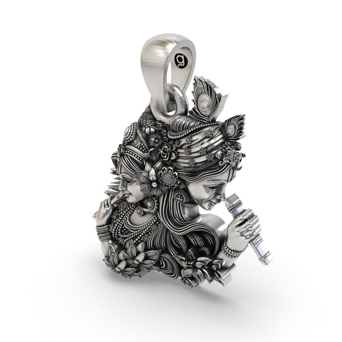 925 Silver Radha Krishna Dual-Profile Flute Pendant | Vrindavan Floral & Peacock Feather – Shukan Jewellers