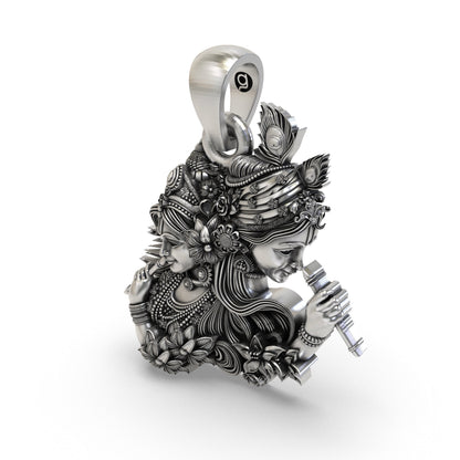 925 Silver Radha Krishna Dual-Profile Flute Pendant | Vrindavan Floral & Peacock Feather – Shukan Jewellers