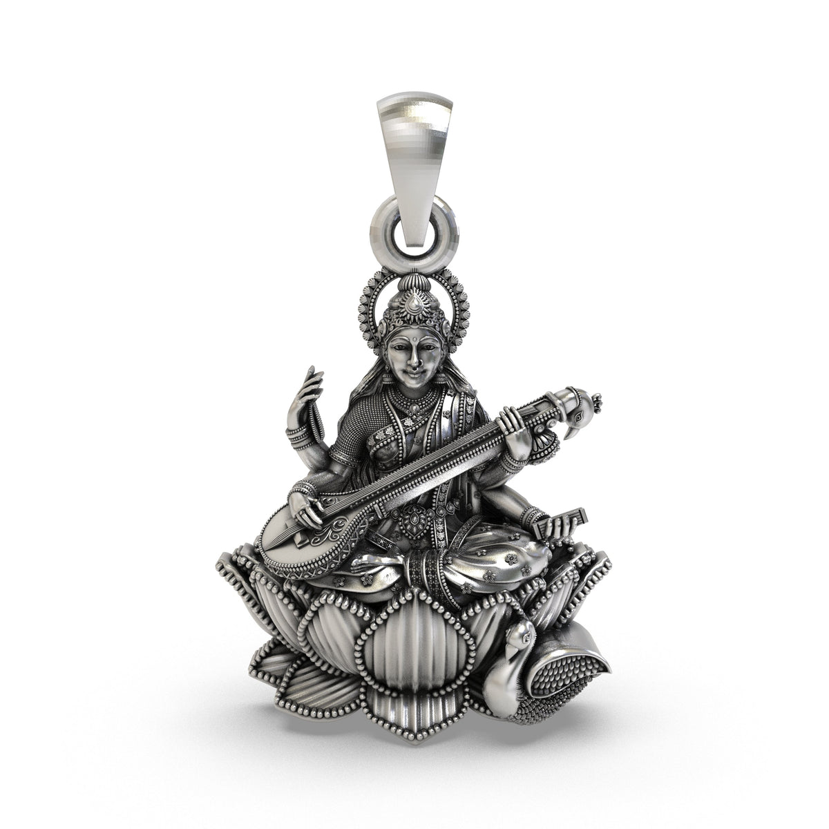 925 Silver Goddess Saraswati Pendant | Veena, Lotus & Swan – Shukan Jewellers