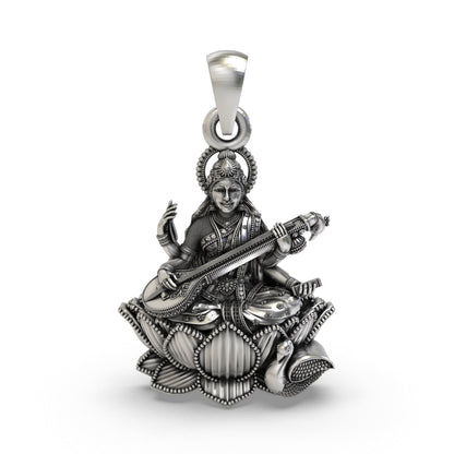 925 Silver Goddess Saraswati Pendant | Veena, Lotus & Swan – Shukan Jewellers