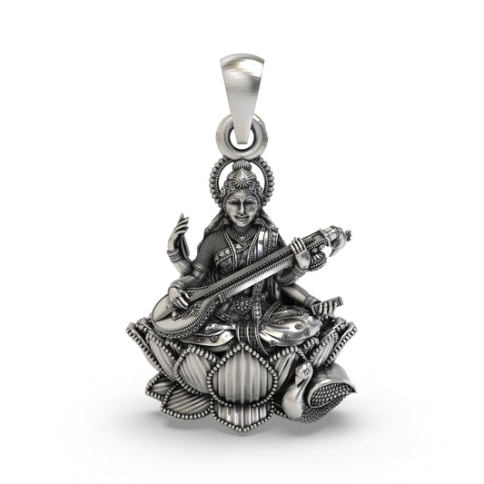 925 Silver Goddess Saraswati Pendant | Veena, Lotus & Swan – Shukan Jewellers
