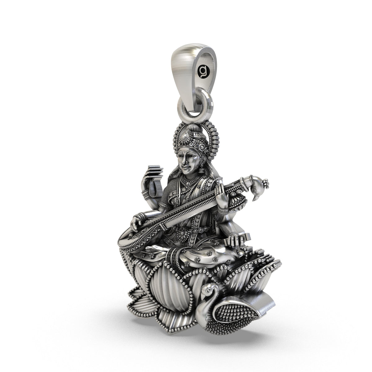 925 Silver Goddess Saraswati Pendant | Veena, Lotus & Swan – Shukan Jewellers