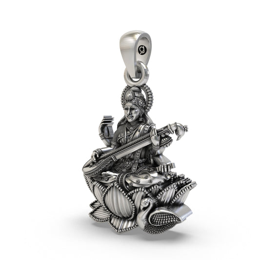 925 Silver Goddess Saraswati Pendant | Veena, Lotus & Swan – Shukan Jewellers