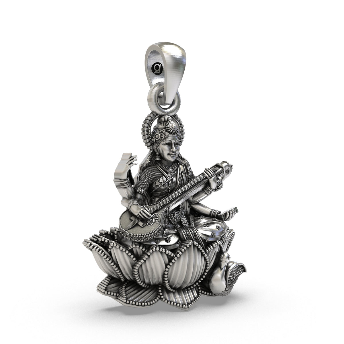 925 Silver Goddess Saraswati Pendant | Veena, Lotus & Swan – Shukan Jewellers