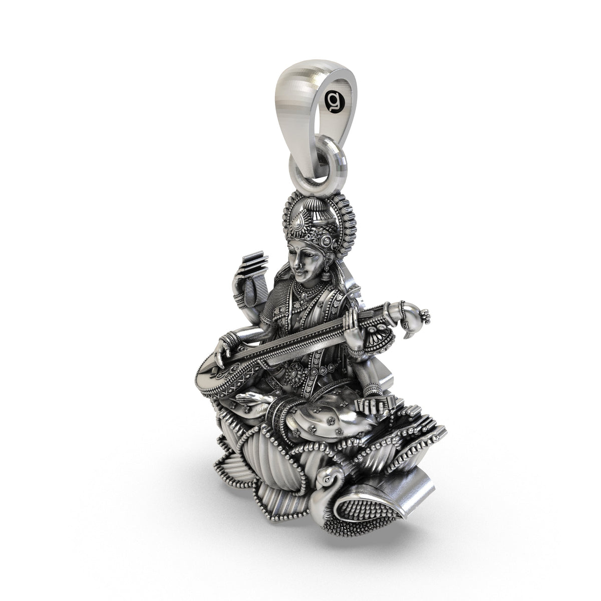 925 Silver Goddess Saraswati Pendant | Veena, Lotus & Swan – Shukan Jewellers