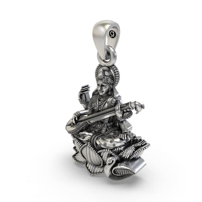 925 Silver Goddess Saraswati Pendant | Veena, Lotus & Swan – Shukan Jewellers