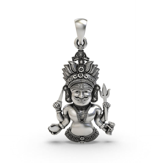 Modern styling of premium Nakoda Bhairav silver spiritual amulet on a chain.