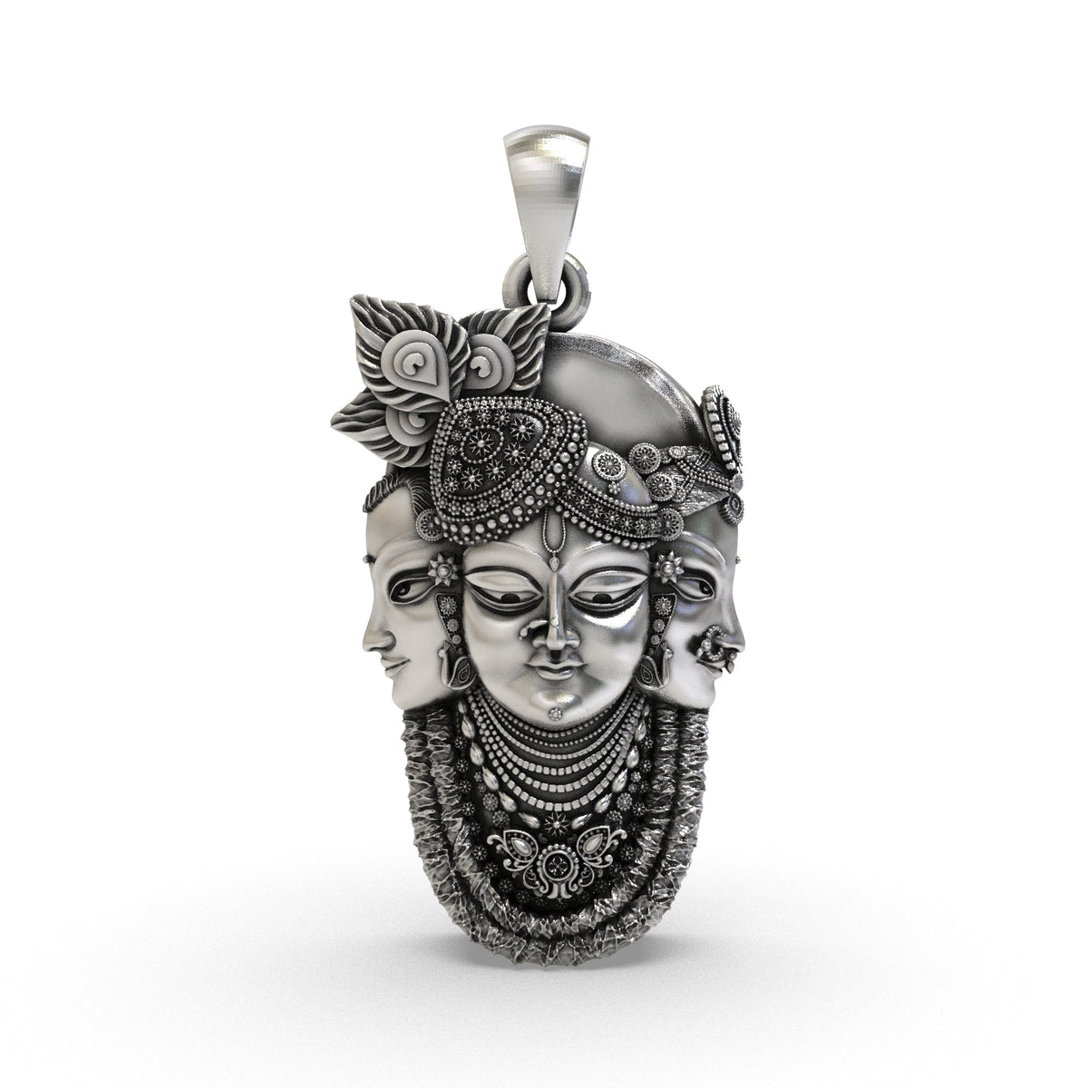 925 Silver Trimukhi Shrinathji Pendant – Three Face Krishna Locket | Antique Oxidized Devotional Jewelry