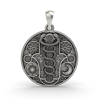 925 silver Hamsa Hand Chakra pendant front view