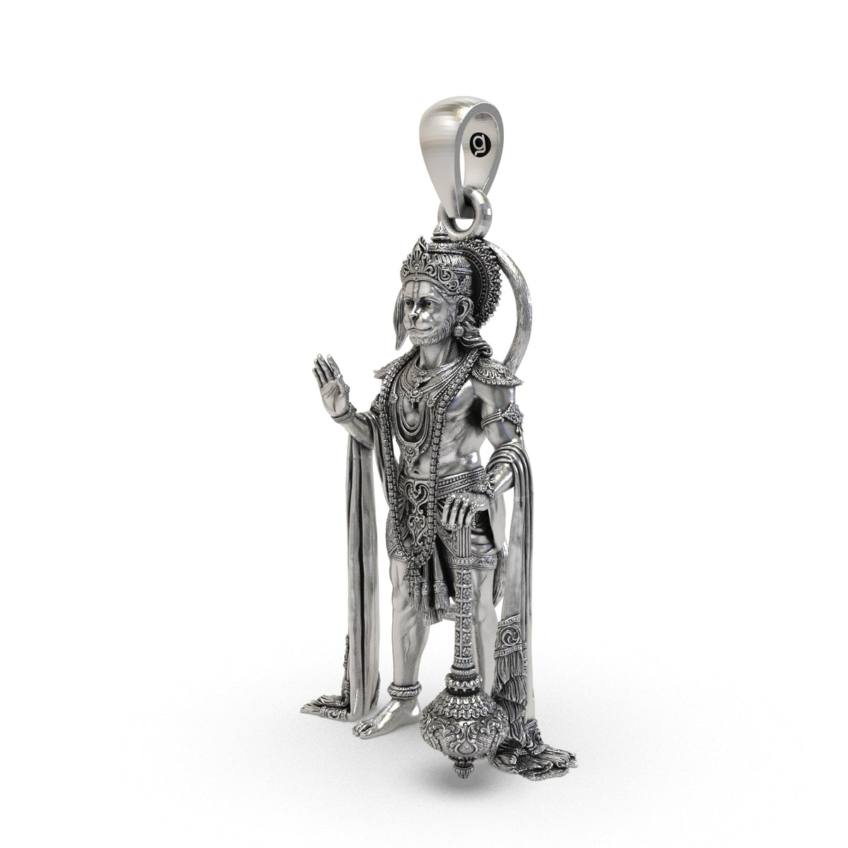 Close-up 3D Hanuman pendant silver detailing