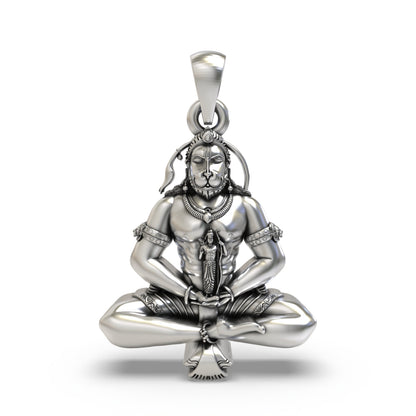 925 Silver Meditating Hanuman Ji Pendant with Lord Ram Design