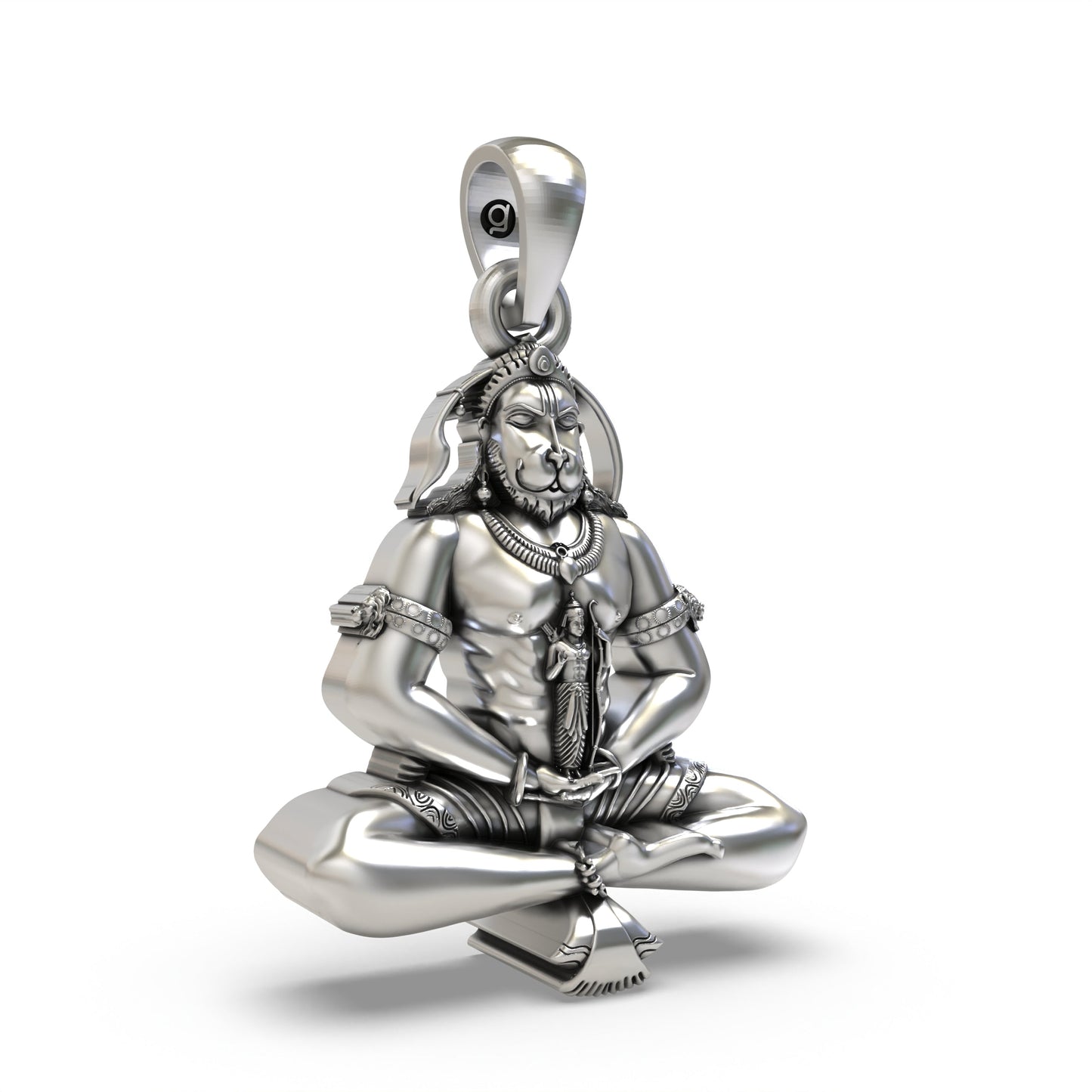 925 Silver Meditating Hanuman Ji Pendant with Lord Ram Design