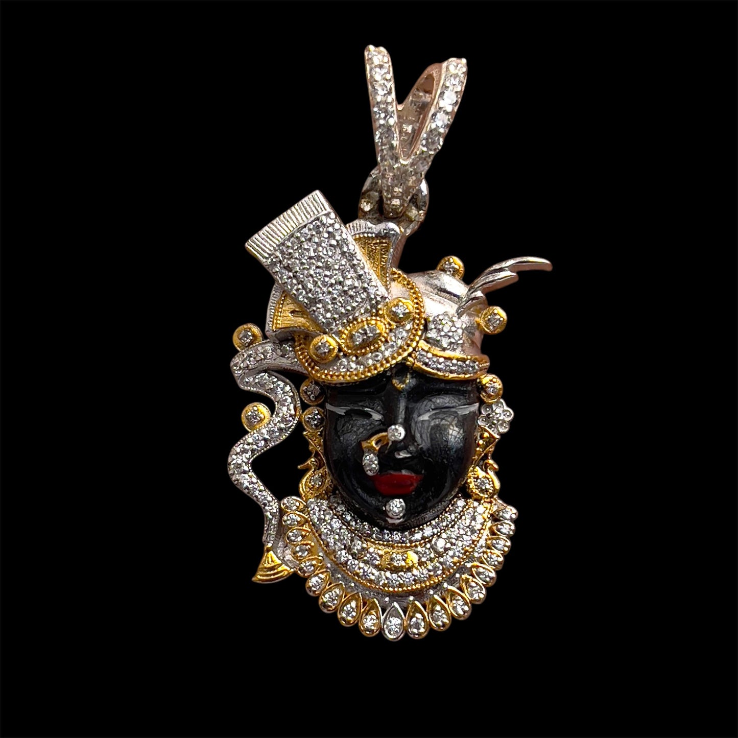 925 Silver Shrinathji Face Pendant – Enamel & Diamond Work