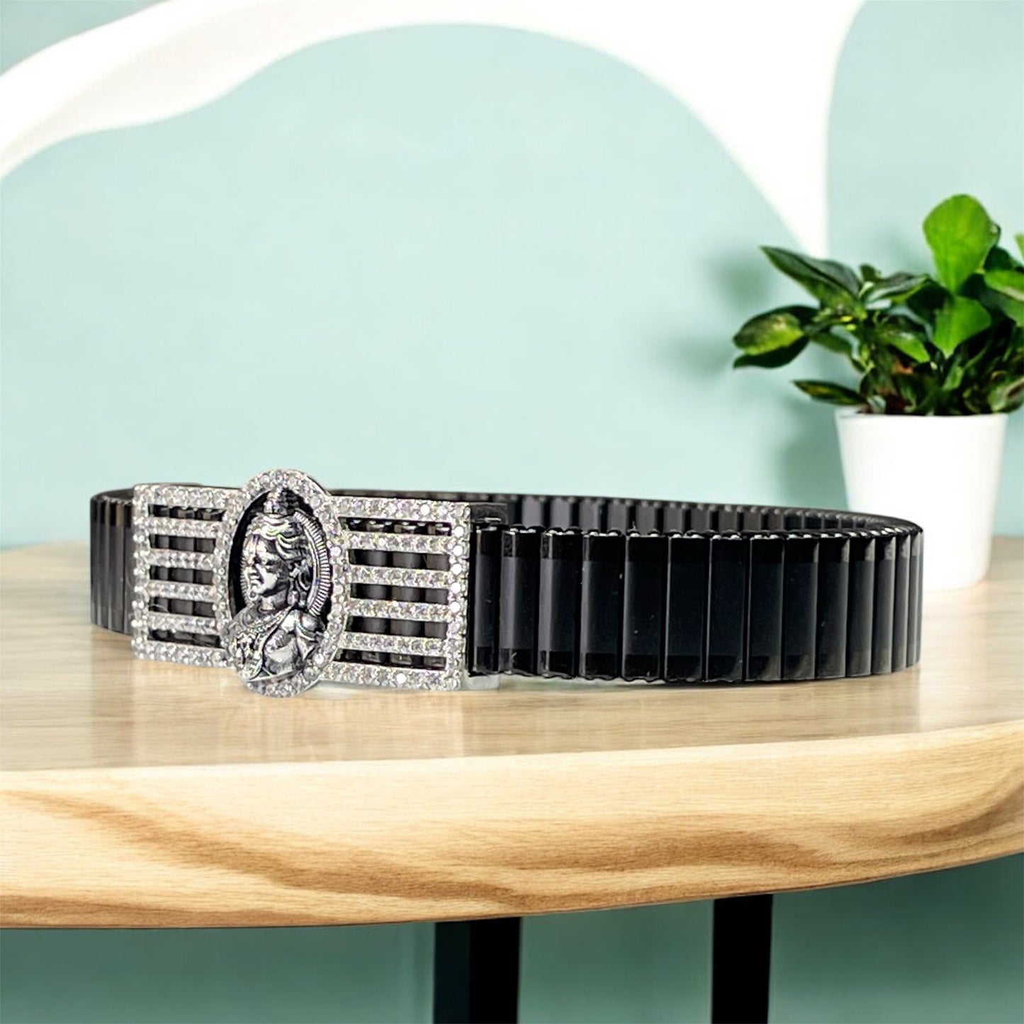925 Silver Ram Lalla Bracelet – Divine Child Lord Ram with Iced Border | Black Stainless-Steel Link Strap | Unisex Devotional Kada