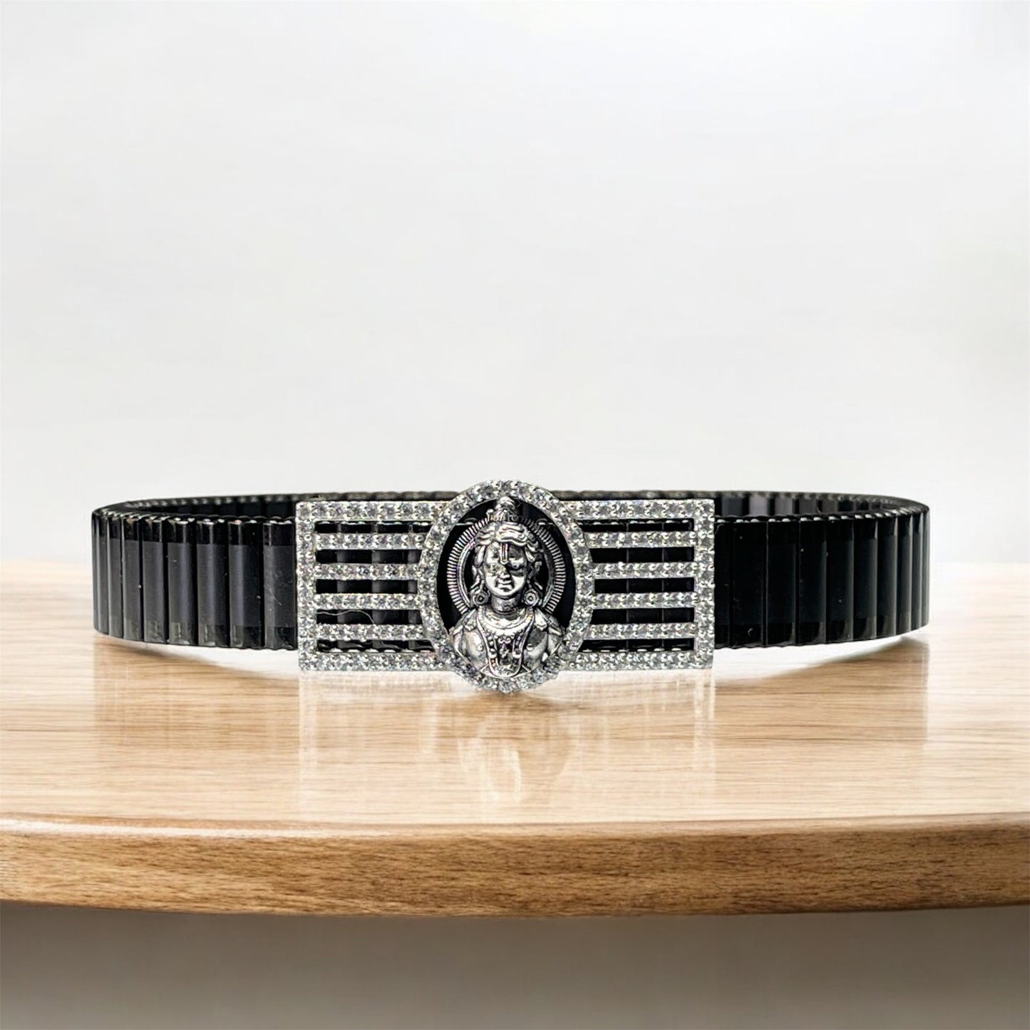 925 Silver Ram Lalla Bracelet – Divine Child Lord Ram with Iced Border | Black Stainless-Steel Link Strap | Unisex Devotional Kada