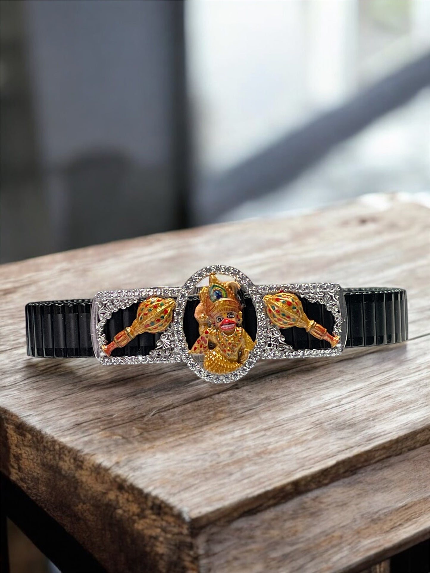 925 Silver Kashtbhanjandev Salangpur Hanumanji Bracelet – Enamel Hanuman Motif with Dual Gada & Iced Border | Devotional Kada