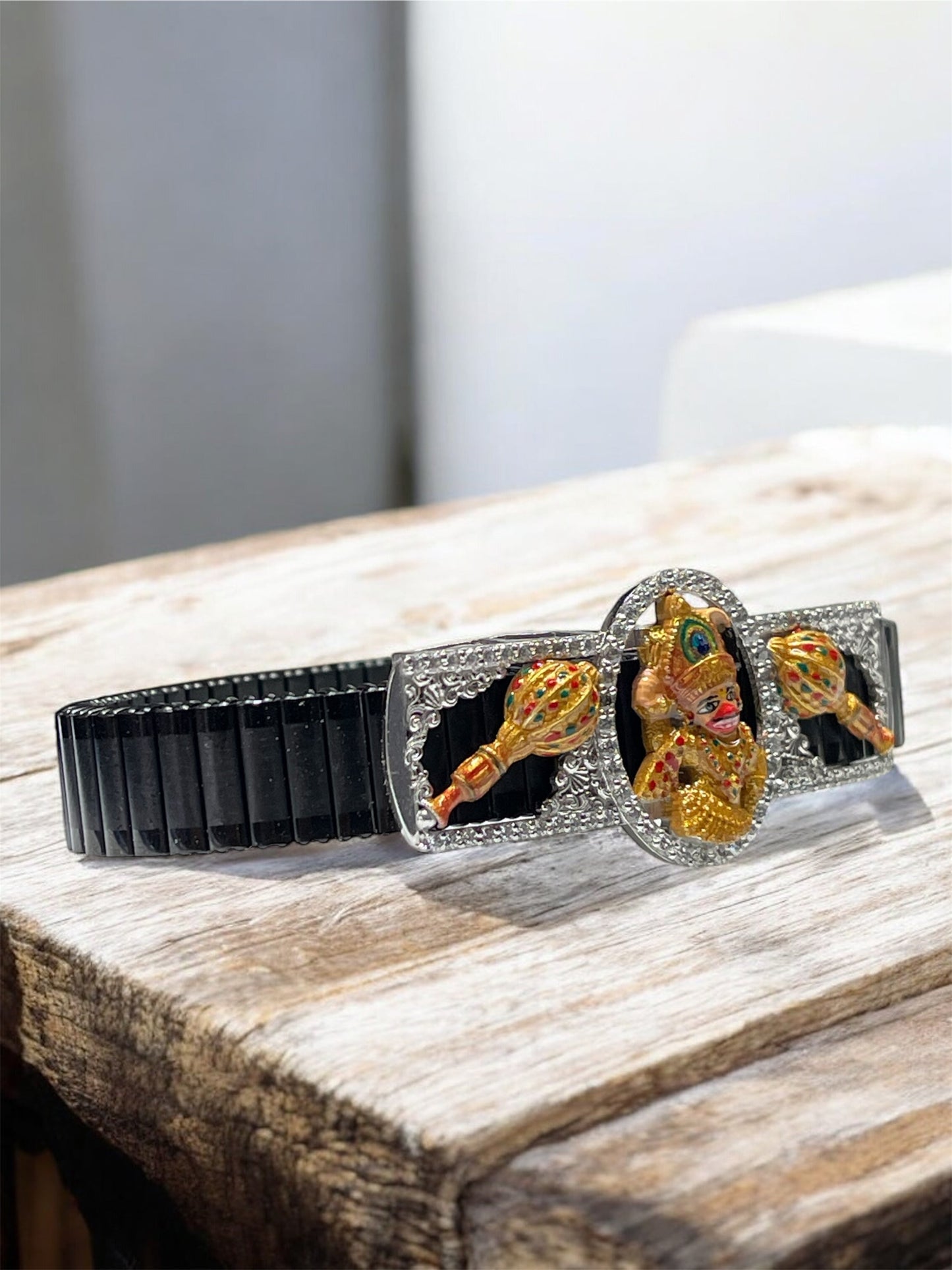 925 Silver Kashtbhanjandev Salangpur Hanumanji Bracelet – Enamel Hanuman Motif with Dual Gada & Iced Border | Devotional Kada