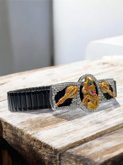 925 Silver Kashtbhanjandev Salangpur Hanumanji Bracelet – Enamel Hanuman Motif with Dual Gada & Iced Border | Devotional Kada