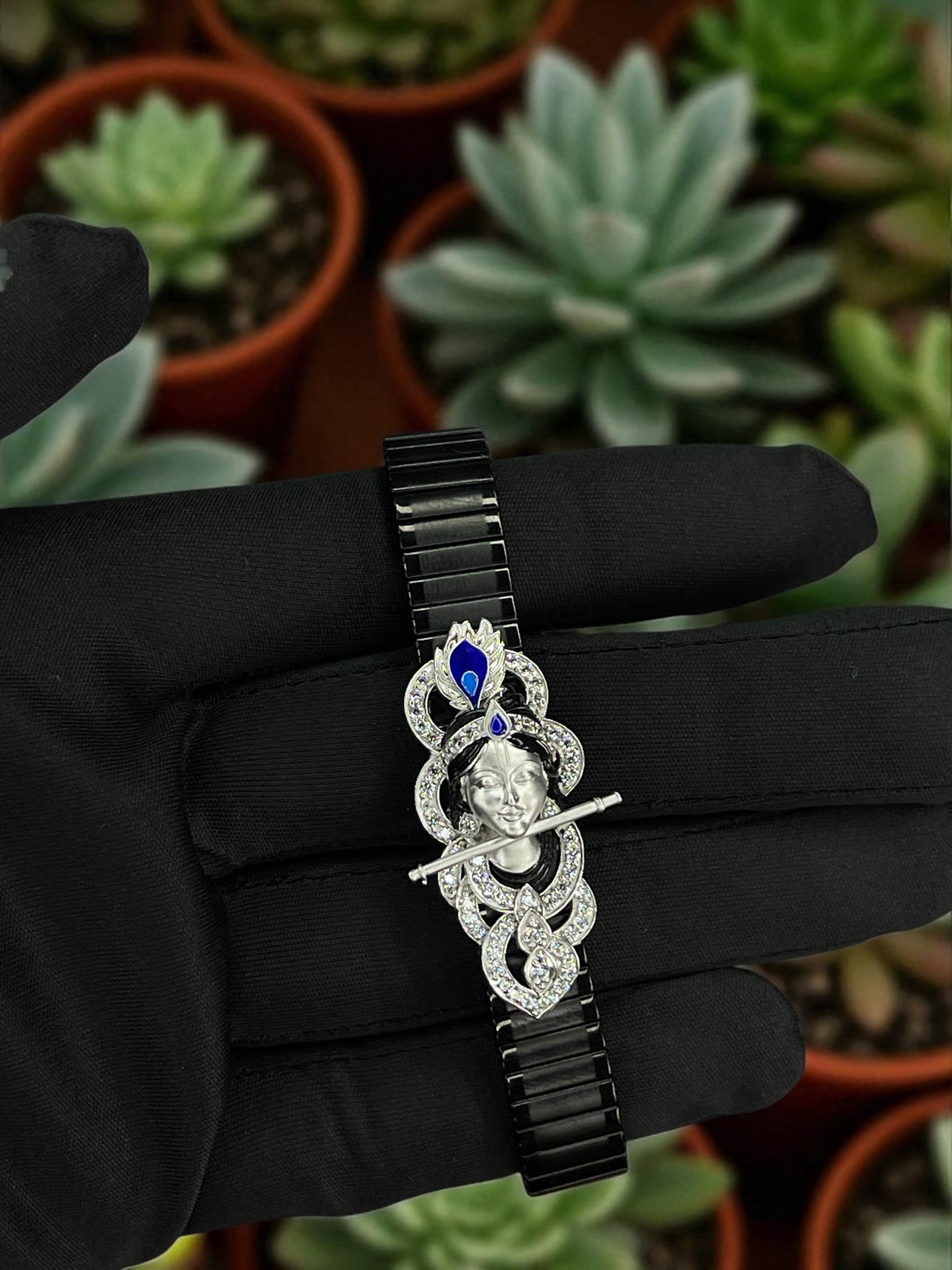 925 Silver Krishna Bracelet with Stone & Enamel Work – Handmade Devotional Jewelry for Devotees