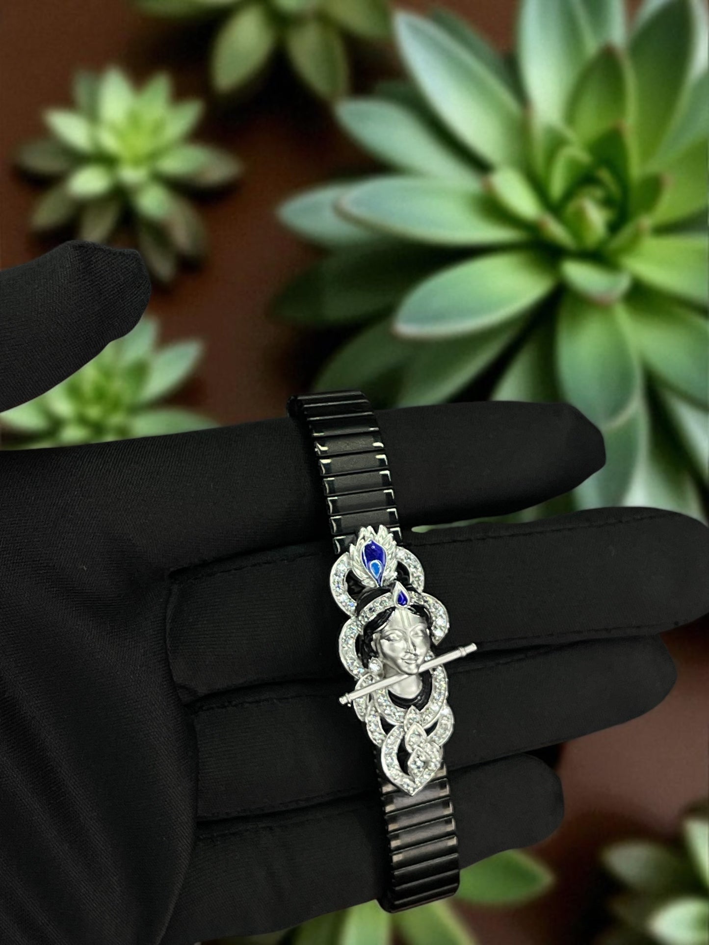 925 Silver Krishna Bracelet with Stone & Enamel Work – Handmade Devotional Jewelry for Devotees