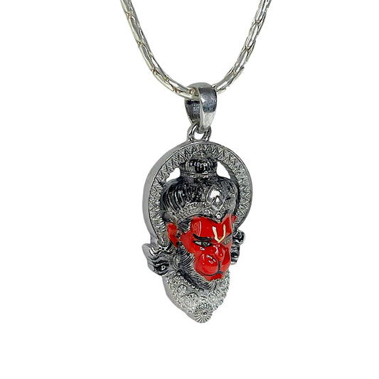 925 Silver Hanumanji Face Pendant with Meena Work – Bajrang Bali Protection Locket for Men & Women